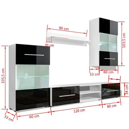 Fnfteilige Wohnwand TV-Schrank mit LED-Beleuchtung Schwarz
