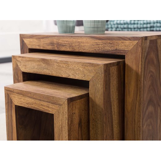 3er Set Satztisch MUMBAI Massiv-Holz Sheesham Wohnzimmer-Tisch Landhaus-Stil Beistelltisch dunkel-braun Naturholz