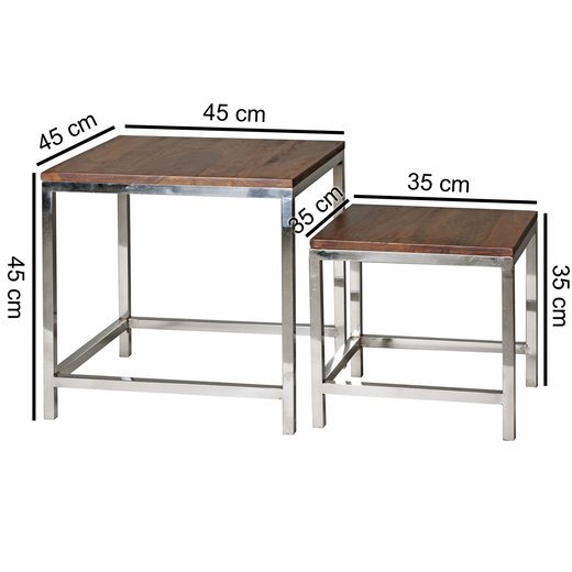2er Set Satztisch GUNA Massiv-Holz Sheesham Wohnzimmer-Tisch Metallgestell Landhausstil Beistelltisch braun natur