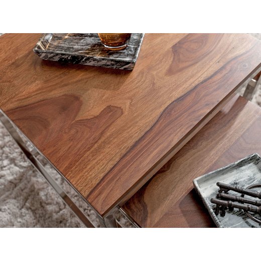 2er Set Satztisch GUNA Massiv-Holz Sheesham Wohnzimmer-Tisch Metallgestell Landhausstil Beistelltisch braun natur