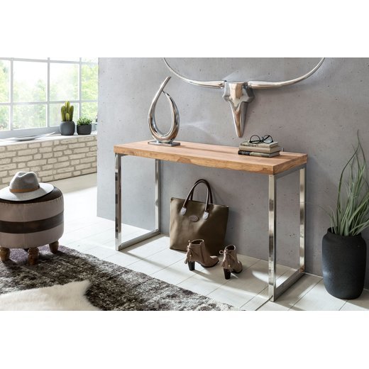 Konsolentisch GUNA Massivholz Akazie Konsole mit Metallbeinen Schreibtisch 120 x 45 cm Landhaus-Stil Sideboard