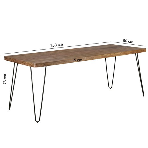 Esstisch BAGLI Massivholz Sheesham 200 x 80 x 76 cm Esszimmer-Tisch Kchentisch modern Landhaus-Stil Holztisch mit Metallbeinen dunkel-braun Natur-Produkt Massivholzmbel