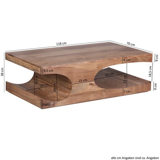 Couchtisch BOHA Massiv-Holz Akazie 118 cm breit Wohnzimmer-Tisch Design dunkel-braun Landhaus-Stil Beistelltisch