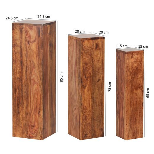 Beistelltisch 3er Set WL1.566 Massivholz 24,5x85x24,5 cm Sheesham Tische | Holztisch Natur-Produkt | Echtholz Beistelltische Dekosulen | Drei Holztische Braun | Blumenhocker Holz Modern