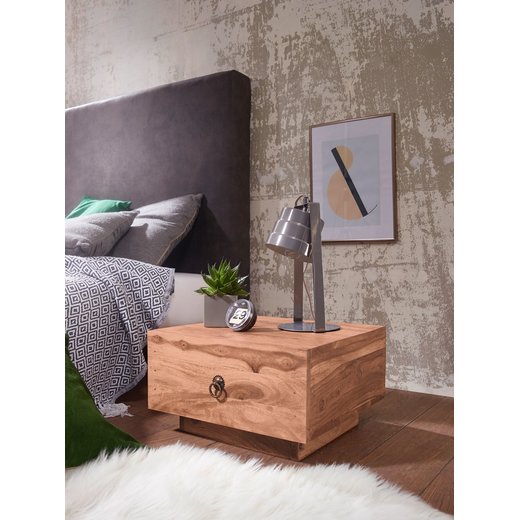 Design Nachttisch MUMBAI Massiv-Holz Akazie 40x40x25 cm | Moderne Nacht-Kommode mit Schublade | Nachtschrank Natur-Holz Nachtkonsole