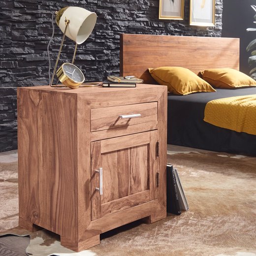 Nachttisch MUMBAI Massivholz Akazie Design Nachtkommode 60 cm mit Schublade und Tr Nachtschrank fr Boxspringbett