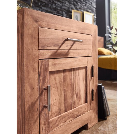 Nachttisch MUMBAI Massivholz Akazie Design Nachtkommode 60 cm mit Schublade und Tr Nachtschrank fr Boxspringbett
