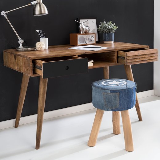 Schreibtisch REPA schwarz 120 x 60 x 75 cm Massiv Holz Laptoptisch Sheesham Natur | Landhaus-Stil Arbeitstisch mit 2 Schubladen | Brotisch PC-Tisch