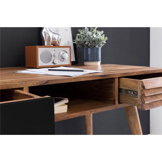 Schreibtisch REPA schwarz 120 x 60 x 75 cm Massiv Holz Laptoptisch Sheesham Natur | Landhaus-Stil Arbeitstisch mit 2 Schubladen | Brotisch PC-Tisch