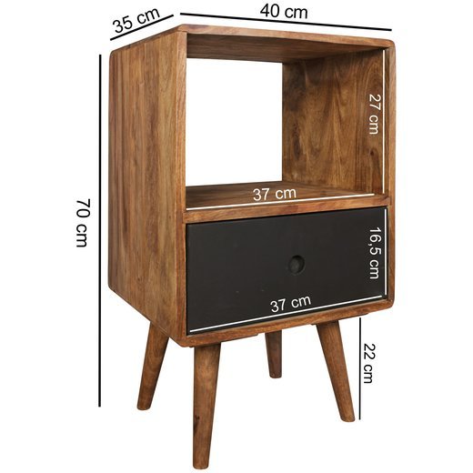 Retro Nachtkonsole REPA / Sheesham-Holz Nachttisch mit Schublade dunkelbraun / schwarz | Design Nachtkstchen 40 x 35 x 70 cm | Groes Nachtschrnkchen