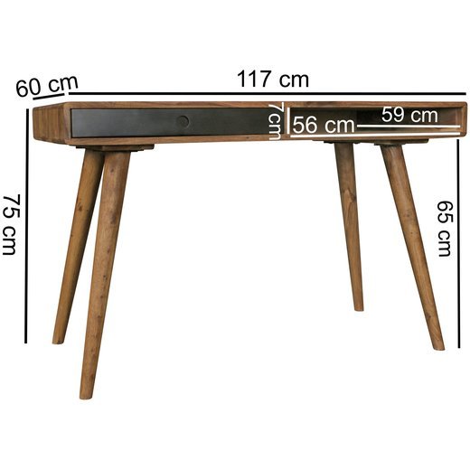 Schreibtisch REPA schwarz 120 x 60 x 75 cm Massiv Holz Laptoptisch Sheesham Natur | Landhaus-Stil Arbeitstisch mit 1 Schublade | Brotisch PC-Tisch