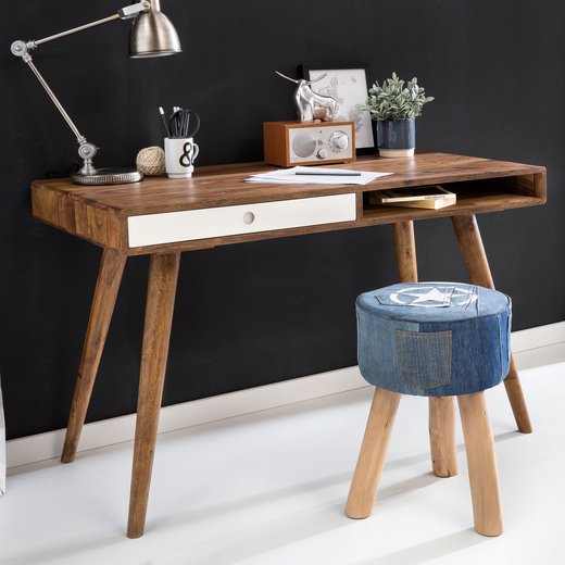 Schreibtisch REPA wei 120 x 60 x 75 cm Massiv Holz Laptoptisch Sheesham Natur | Landhaus-Stil Arbeitstisch mit 1 Schublade | Brotisch PC-Tisch