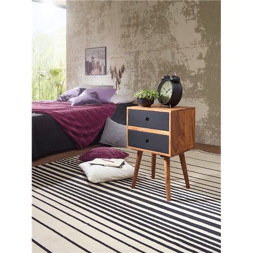 Retro Nachtkonsole REPA / Sheesham-Holz Nachttisch mit 2 Schubladen dunkelbraun / schwarz | Design Nachtkstchen 40 x 35 x 55 cm | Kleines Nachtschrnkchen