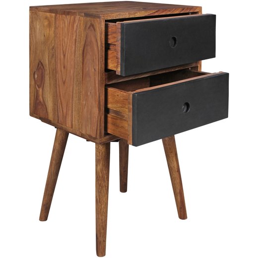 Retro Nachtkonsole REPA / Sheesham-Holz Nachttisch mit 2 Schubladen dunkelbraun / schwarz | Design Nachtkstchen 40 x 35 x 55 cm | Kleines Nachtschrnkchen