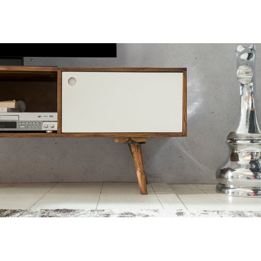 TV Lowboard REPA 140 cm Massiv-Holz Sheesham Landhaus 2 Tren & Fach | HiFi Regal braun / wei 4 Fe | Fernseher Kommode Vintage