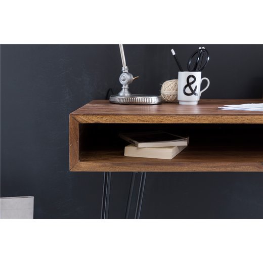 Schreibtisch BAGLI braun 110 x 60 x 76 cm Massiv Holz Laptoptisch Sheesham Natur | Landhaus-Stil Arbeitstisch mit 1 Ablage-fach | Brotisch PC-Tisch