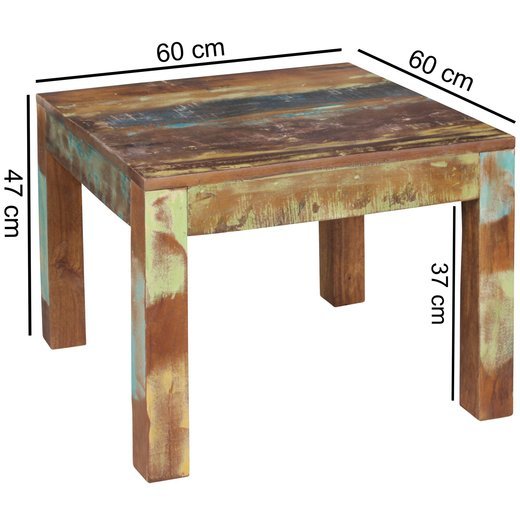 Couchtisch KALKUTTA 60 x 47 x 60 cm | Massivholz Beistelltisch Shabby-Chic | Wohnzimmer Tisch aus Bootsholz | Sofatisch quadratisch