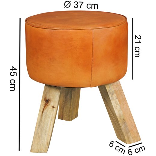 Design Sitzhocker WL5.102 Holz 37x45x37 cm Modern Fuhocker Rund | Turnbock Lederhocker Holzbeine | Kleiner Hocker Massivholz mit Leder Gepolstert  | Holzhocker mit Echtleder Braun