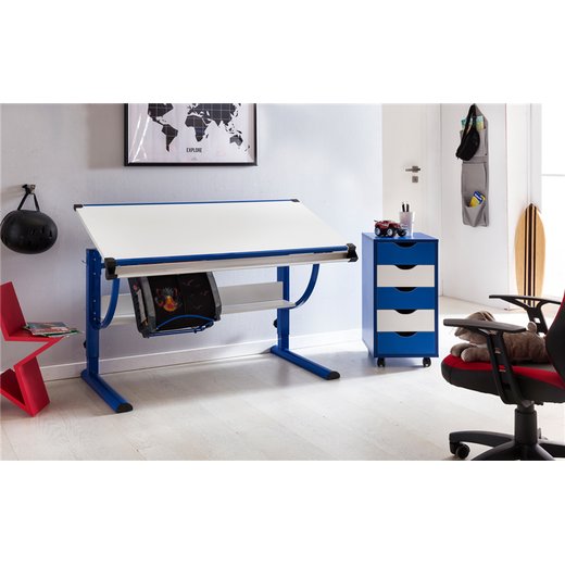 Design Kinderschreibtisch MORITZ Holz 120 x 60 cm blau / wei | Jungen Schlerschreibtisch neigungs-verstellbar | Schreibtisch Kinder hhenverstellbar