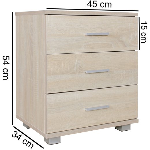 Nachtkonsole NINA Holz Nachttisch modern mit 3 Schubladen sonoma | Design Nachtkstchen 45 x 54 x 34 cm | Kleines Nachtschrnkchen
