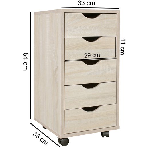 Rollcontainer MINA 33 x 64 x 38 cm MDF-Holz 5 Schubladen sonoma | Moderner Schubladencontainer mit Rollen | Standcontainer Brocontainer