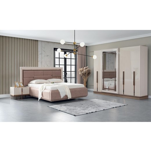 Schlafzimmer Set LUCCA 160 x 200  mit Kleiderschrank ohne Schminktisch 2X Nachttisch mit Spiegel