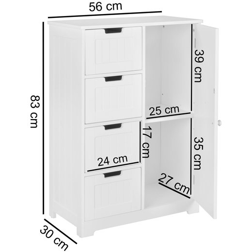 Design Badschrank LUIS Landhaus-Stil MDF-Holz 56 x 83 x 30 cm wei | Badezimmerschrank klein 4 Schubladen & 1 Tr | Beistellschrank Mehrzweckschrank
