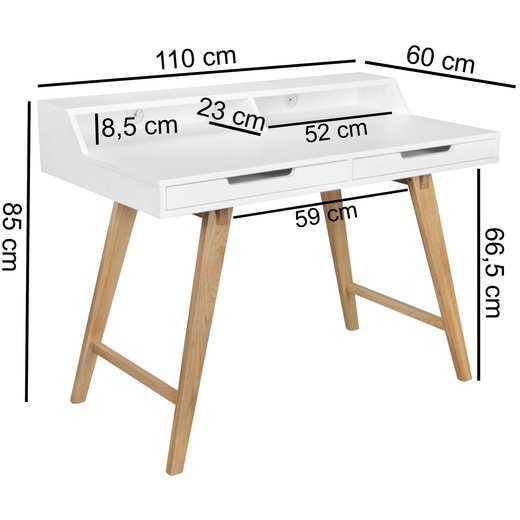 Schreibtisch SKANDI 110 x 85 x 60 cm MDF-Holz skandinavisch wei matt Arbeitstisch | Design Laptoptisch mit Kabeldurchlass | Brotisch mit Eiche-Beinen