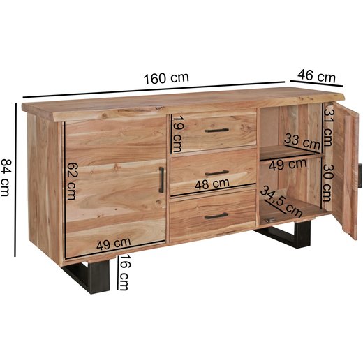 Sideboard GAYA 160 x 84 x 46 cm Massiv-Holz Akazie Natur Baumkante Anrichte | Landhaus-Stil Kommode mit Schubladen & Tren | Flur Schrank Standschrank