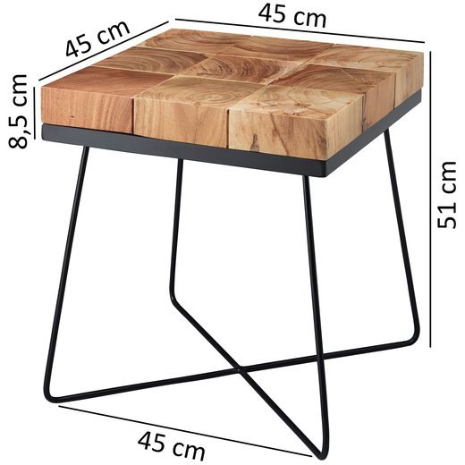Beistelltisch ZARI 45 x 45 x 51 cm Akazie Massivholz mit Metallgestell | Industrial Anstelltisch Quadratisch Massiv Holz Tisch Braun | Wohnzimmertisch Modern Holztisch mit Metallbeinen