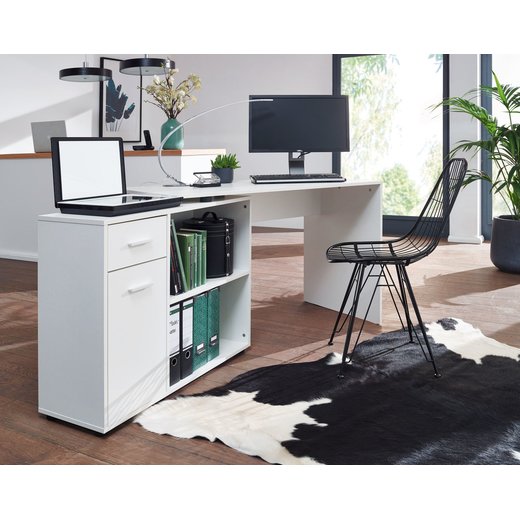 Design Eckschreibtisch mit Regal Wei 120 x 75,5 x 106,5 cm | Moderner Bro-Schreibtisch | Computer-Tisch Arbeitszimmer | Winkelschreibtisch Home Office