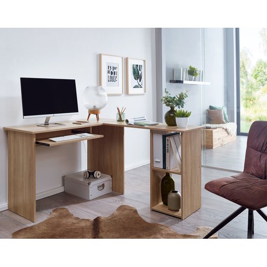 Design Schreibtischkombination 140 x 75,5 x 120 cm Sonoma | Schreibtisch mit Regal und Tastaturauszug | Arbeitszimmer Home Office Tisch Bro Modern