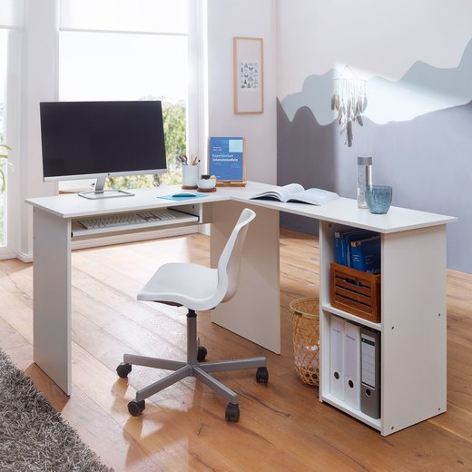 Design Schreibtischkombination 140 x 75,5 x 120 cm Wei | Schreibtisch mit Regal und Tastaturauszug | Arbeitszimmer Home Office Tisch Bro Modern