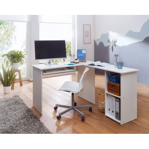 Design Schreibtischkombination 140 x 75,5 x 120 cm Wei | Schreibtisch mit Regal und Tastaturauszug | Arbeitszimmer Home Office Tisch Bro Modern