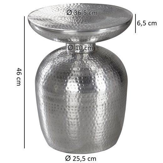 Beistelltisch DELYLA Aluminium 36,5x46x36,5 cm Dekotisch Silber orientalisch rund | Designer Ablagetisch Metall modern | Anstelltisch schmal  | Kleiner Hammerschlag Abstelltisch
