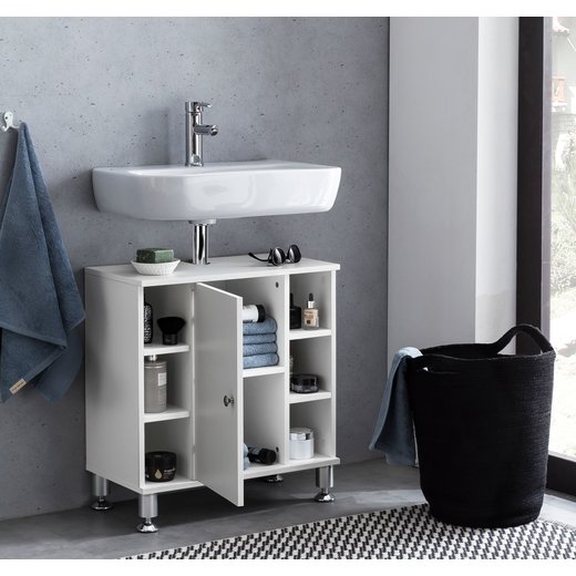 Waschbeckenunterschrank 60 x 64 x 32 cm Wei Badschrank mit Tr | Holz Unterschrank Waschbecken Badezimmer | Waschtischunterschrank mit Fchern | Badezimmerschrank Bad-Mbel mit Ablage