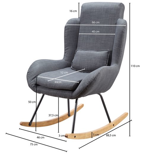 Schaukelstuhl ROCKY Anthrazit Design Relaxsessel 75 x 110 x 88,5 cm | Sessel Stoff / Holz | Schwingsessel mit Gestell | Polster Relaxstuhl Schaukelsessel | Moderner Schwingstuhl | Hochlehner