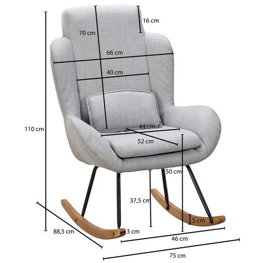 Schaukelstuhl ROCKY Grau Design Relaxsessel 75 x 110 x 88,5 cm | Sessel Stoff / Holz | Schwingsessel mit Gestell | Polster Relaxstuhl Schaukelsessel | Moderner Schwingstuhl | Hochlehner
