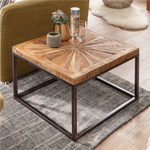 Couchtisch Mango Massivholz 55x40x55 cm Tisch mit Metallgestell | Wohnzimmertisch Quadratisch im Industrial Design | Massiver Sofatisch Modern