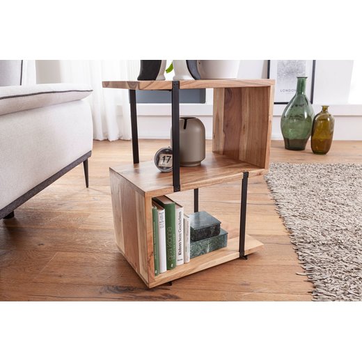 Beistelltisch S-Form 45x60x30cm Akazie Metall Ablagetisch | Tischchen Wohnzimmer Industrial | Holztisch mit Metallbeinen | Dekotisch Holz