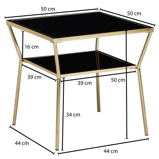 Design Couchtisch Glas Schwarz 50 x 50 cm 2 Ebenen Gold Metallgestell | Wohnzimmertisch | Beistelltisch | Glastisch quadratisch