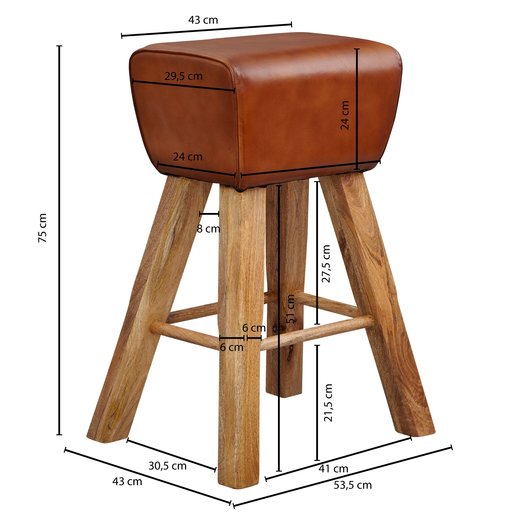 Barhocker Turnbock 43x75x43 cm Mango Massivholz / Echtleder | Design Barstuhl Braun | Lederhocker ohne Lehne | Country Hocker Tresenstuhl