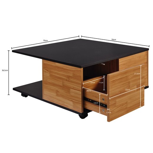 Design Couchtisch 70x70 cm Anthrazit / Sandeiche | Wohnzimmertisch mit 2 Schubladen | Sofatisch mit Rollen |Tisch mit 2 Fchern
