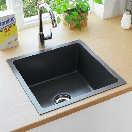 Handgemachte Einbausple mit Sieb Schwarz Edelstahl