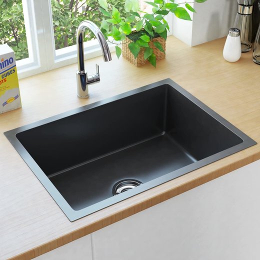 Handgemachte Einbausple mit Sieb Schwarz Edelstahl