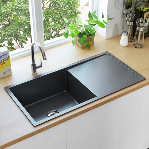 Handgemachte Einbausple mit Sieb Schwarz Edelstahl