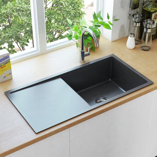 Handgemachte Einbausple mit Sieb Schwarz Edelstahl