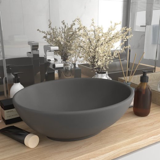 Luxurises Ovales Waschbecken Matt Dunkelgrau 40x33 cm Keramik