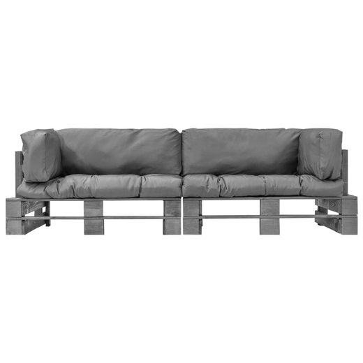 2-tlg. Garten-Palettensofa-Set mit Grauen Kissen Kiefernholz