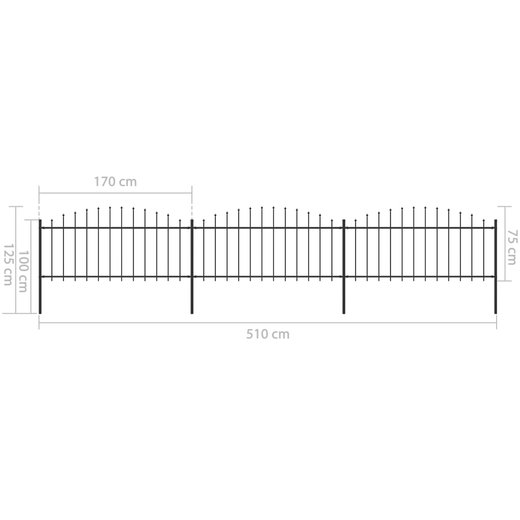 Gartenzaun mit Speerspitzen Stahl (0,5 - 0,75) x 5,1 m Schwarz